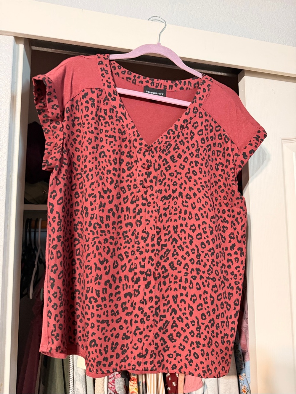 NWOT Size L Maroon Leopard Print V-Neck Top